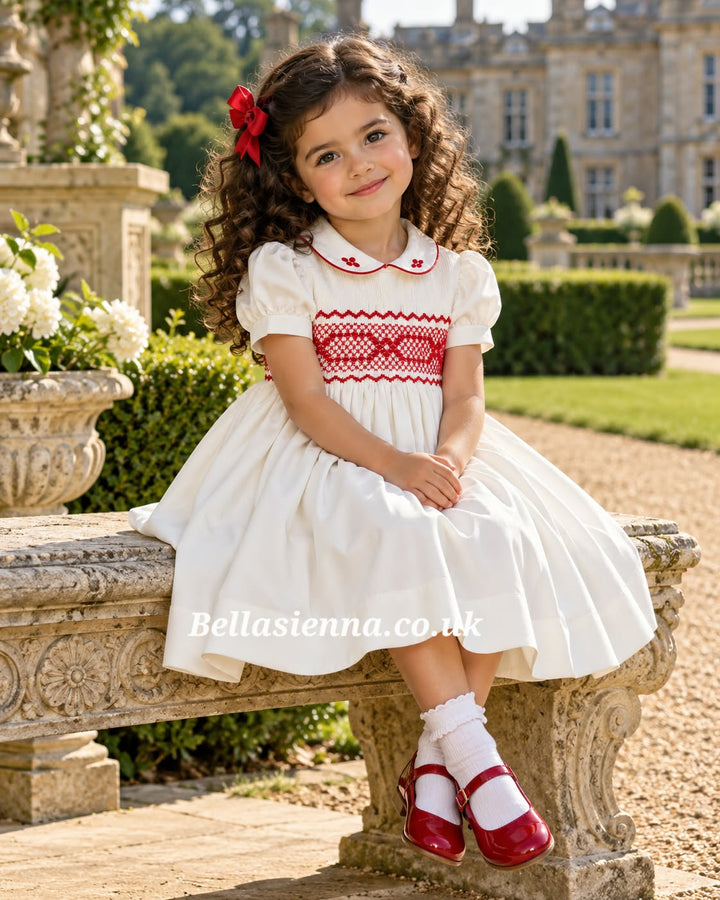 Naxos Ivory & Red Hand Smocked Dress With Bow On The Back - 7622