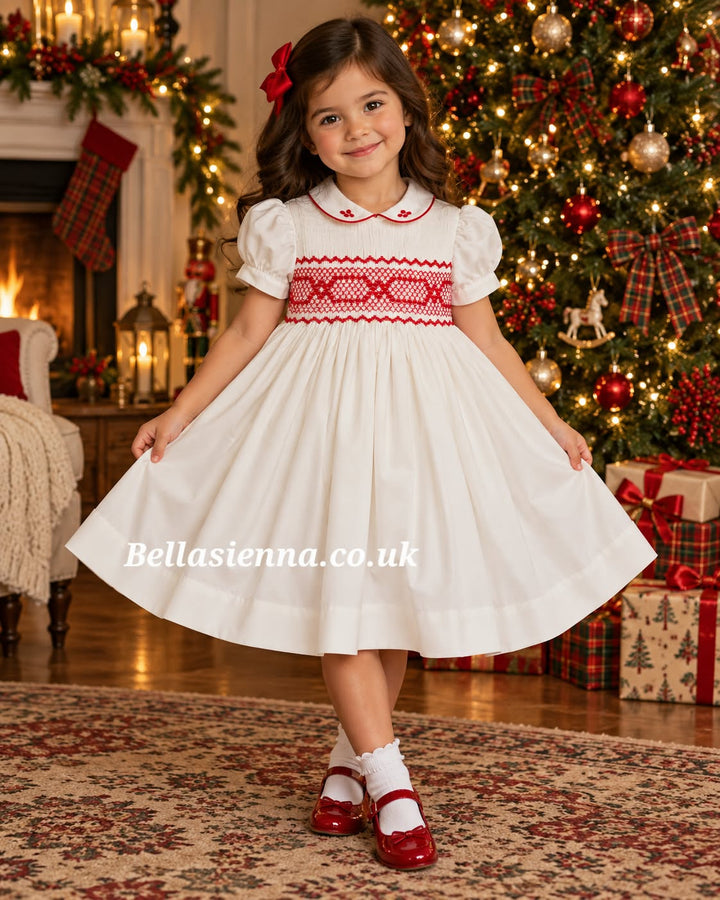 Naxos Ivory & Red Hand Smocked Dress With Bow On The Back - 7622