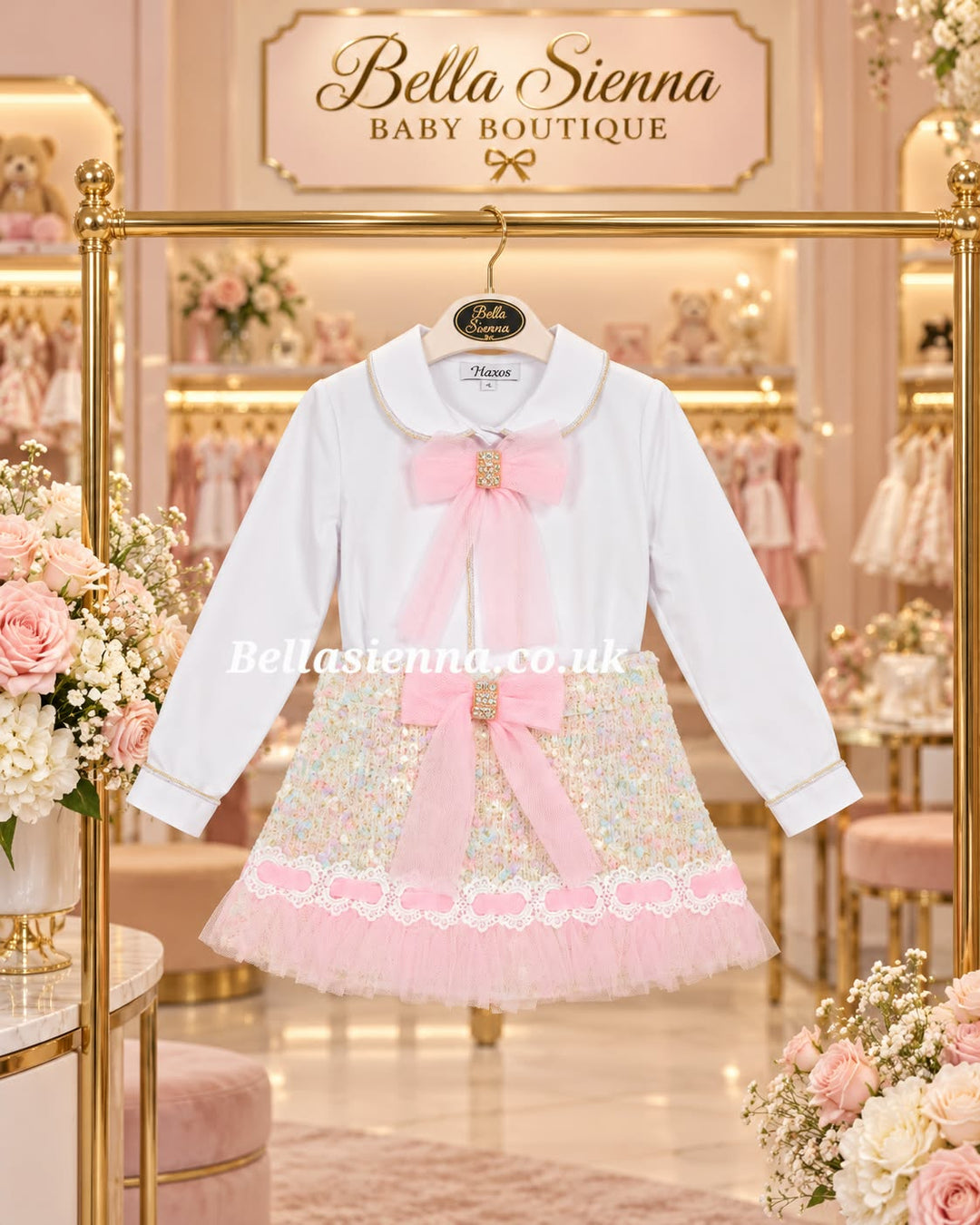 Naxos Girls Pink Tweed & Tulle Skirt & Blouse Set - 7864