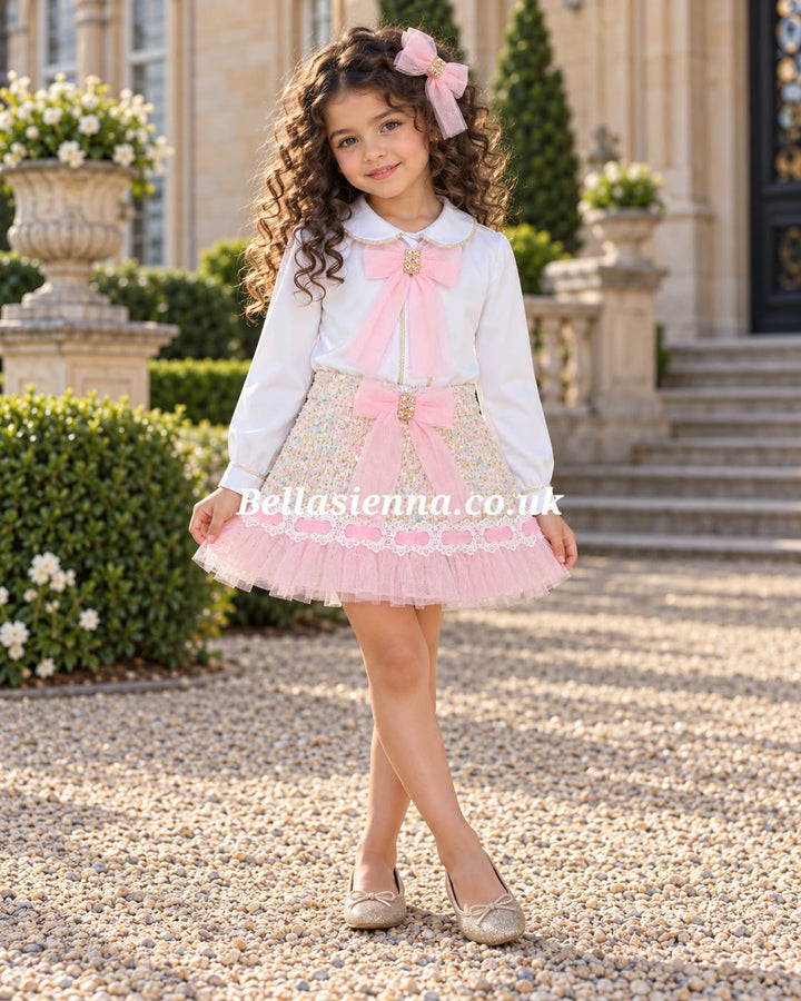 Naxos Girls Pink Tweed & Tulle Skirt & Blouse Set - 7864