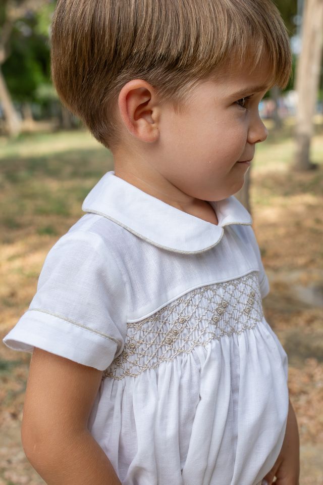 Naxos Boys Beige Smocked Two Piece Buster Suit Set - 7709