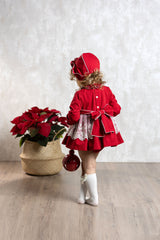 Abuela Tata Red & Cream Baby Dress, Pants & Bonnet Set - 1299345