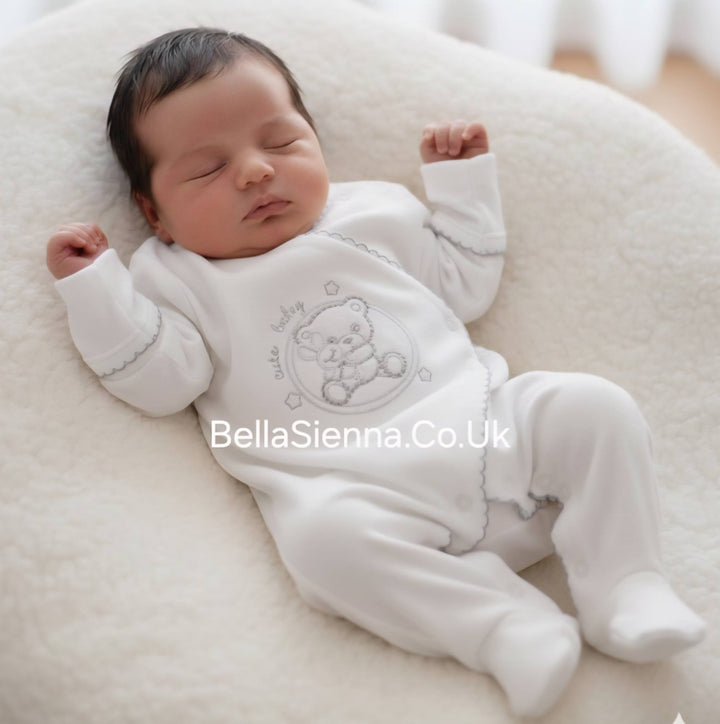 Sofia "Pajac Bobo" White 100% Cotton Unisex Babygrow - Sleepsuit With Built In Mittens