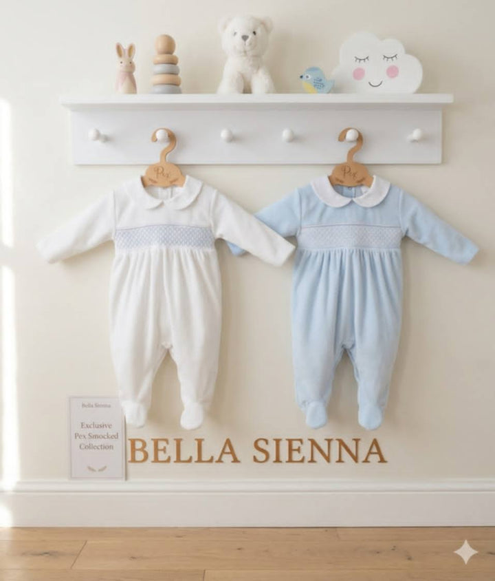 Pex "ALBERT" Blue & White Smocked Velour Babygrow - B0782