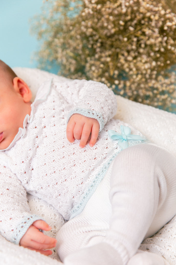 Mac ilusion Baby Girls White & Mint Green  Knitted Three Piece Set With Bonnet - 008G - Bco/My