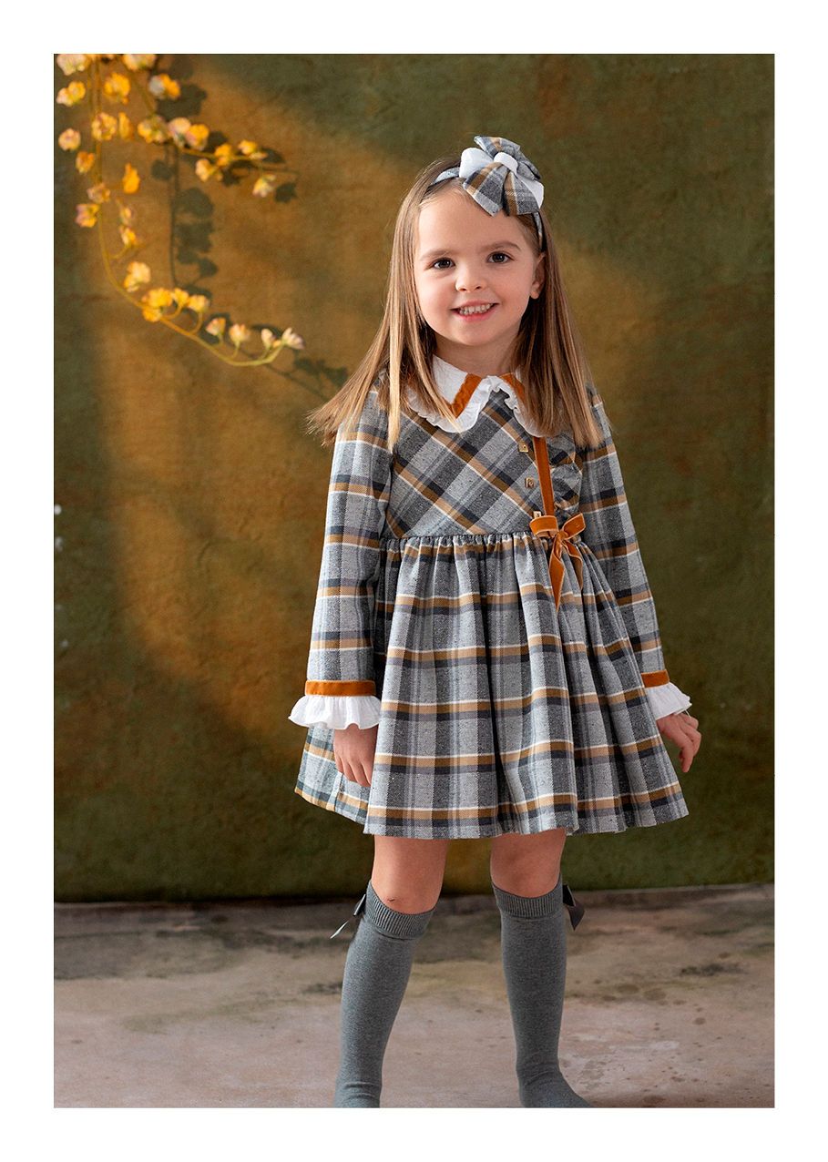 Basmarti Girls Winter Plaid Grey/Brown Bow Headband To Match Dress - 26590