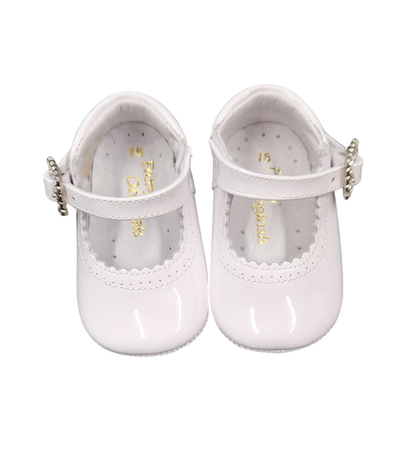 Pretty Originals White Patent Leather Mary Jane Pram Shoes With Diamante Buckle - UE02191A