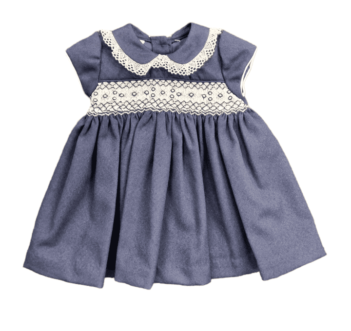 Pretty Originals Navy Blue And Ivory Lace Smocked Baby Girls Dress MC0109