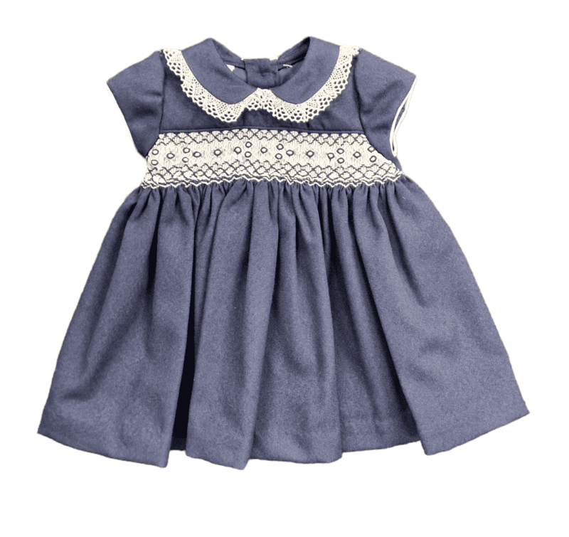 Pretty Originals Navy Blue And Ivory Lace Smocked Baby Girls Dress MC0109