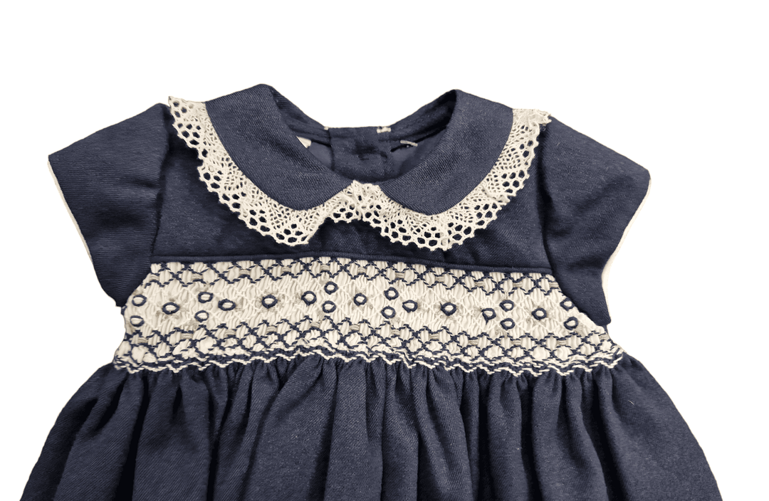 Pretty Originals Navy Blue And Ivory Lace Smocked Baby Girls Dress MC0109
