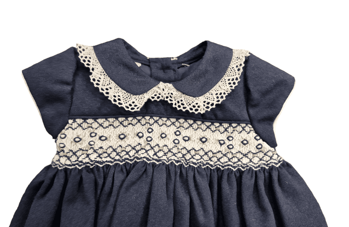 Pretty Originals Navy Blue And Ivory Lace Smocked Baby Girls Dress MC0109