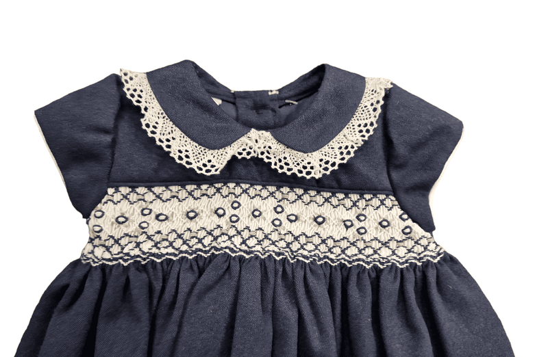Pretty Originals Navy Blue And Ivory Lace Smocked Baby Girls Dress MC0109