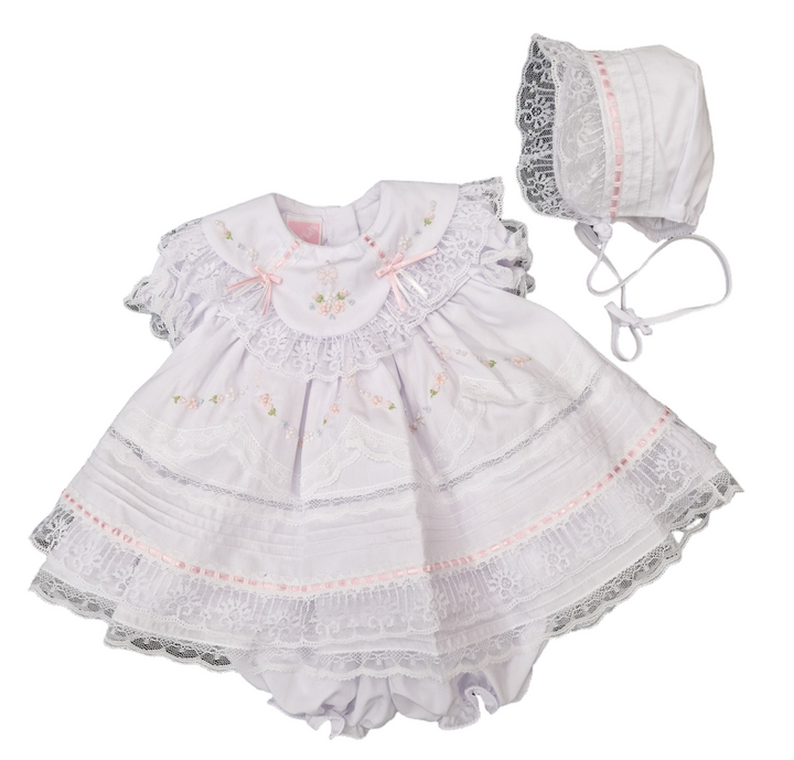 Will'beth Beautiful White & Pink Heirloom Style Dress, Pants & Bonnet Set -16817