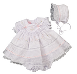 Will'beth Beautiful White & Pink Heirloom Style Dress, Pants & Bonnet Set -16817