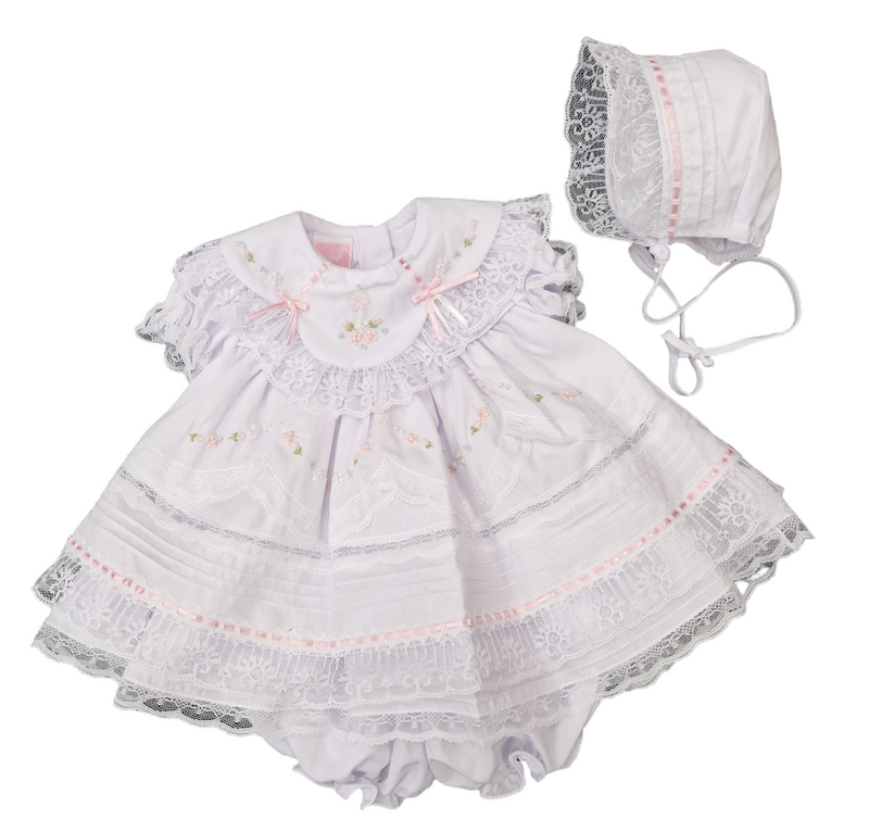 Will'beth Beautiful White & Pink Heirloom Style Dress, Pants & Bonnet Set -16817