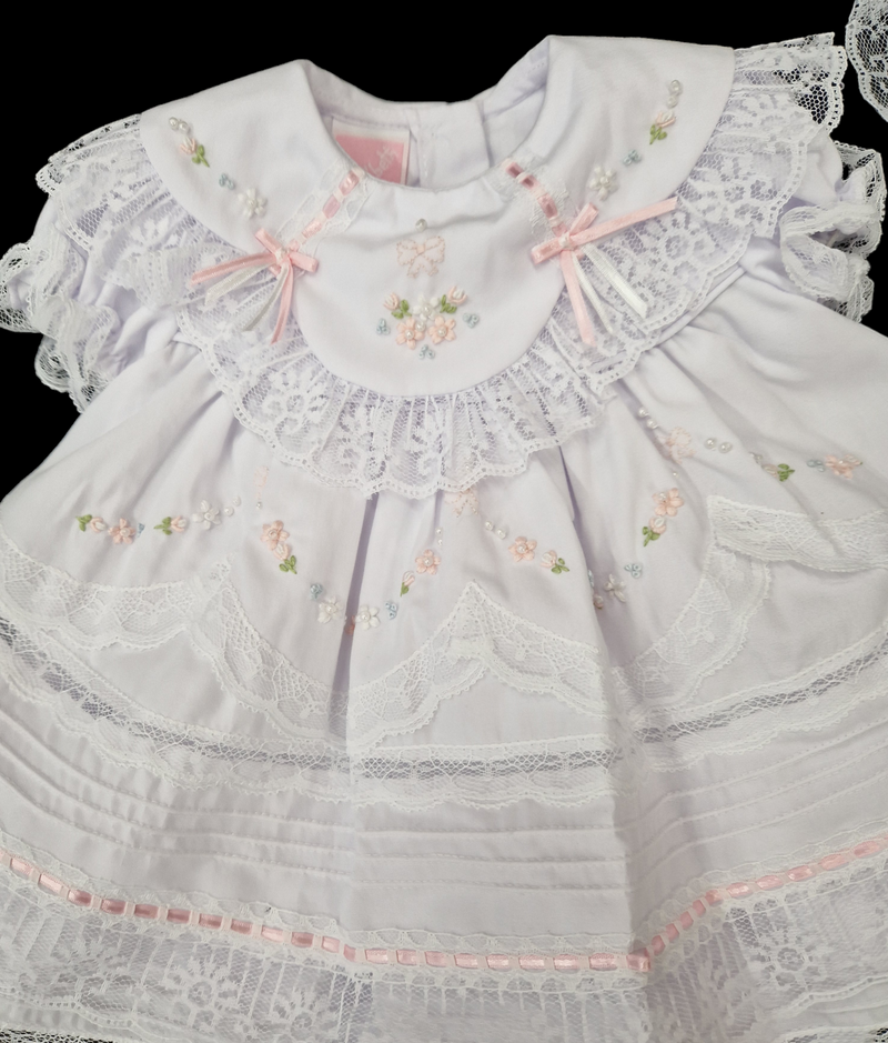 Will'beth Beautiful White & Pink Heirloom Style Dress, Pants & Bonnet Set -16817