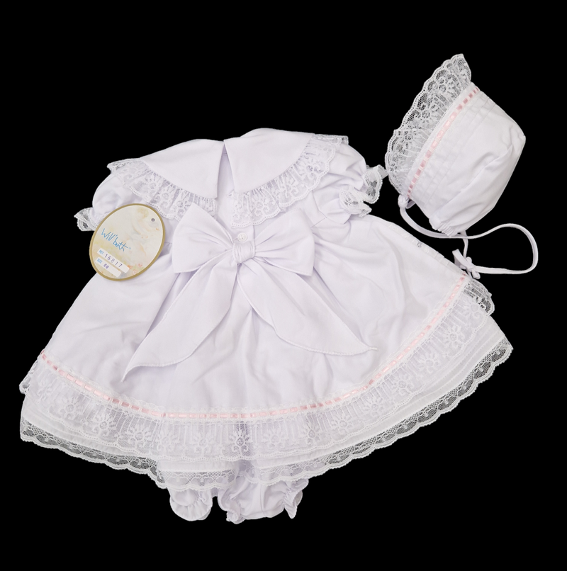 Will'beth Beautiful White & Pink Heirloom Style Dress, Pants & Bonnet Set -16817