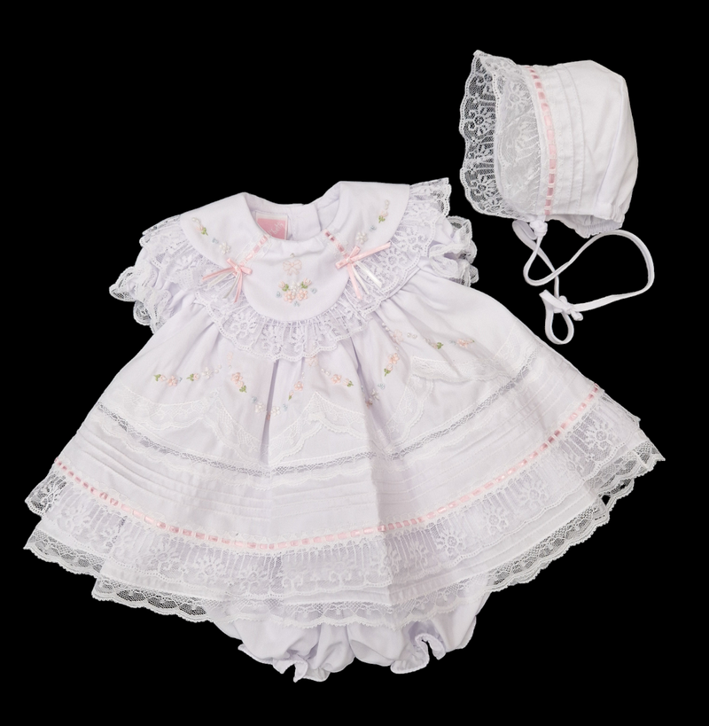 Will'beth Beautiful White & Pink Heirloom Style Dress, Pants & Bonnet Set -16817
