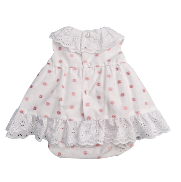 Lor Miral White Baby Dress & Matching Pants With Pink Flowers - 41007