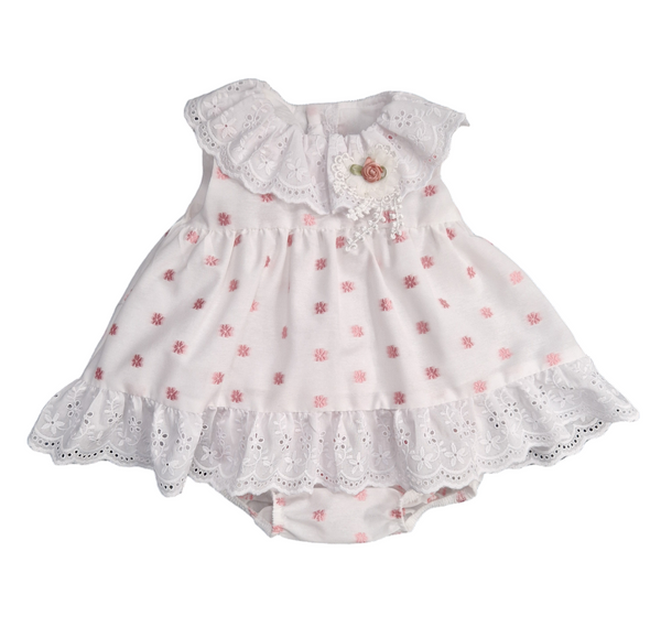 Lor Miral White Baby Dress & Matching Pants With Pink Flowers - 41007