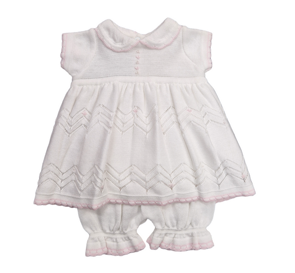 Pretty Originals White & Pink Knitted Dress & Bloomers With Tiny Pearl Detail - JP84232