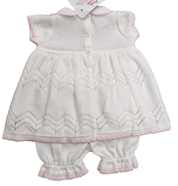 Pretty Originals White & Pink Knitted Dress & Bloomers With Tiny Pearl Detail - JP84232
