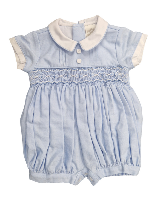 Pretty Originals Boys Blue & White Hand Smocked Romper - DL62243