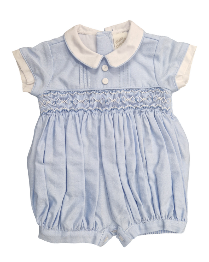 Pretty Originals Boys Blue & White Hand Smocked Romper - DL62243
