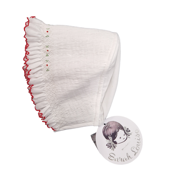 Sarah Louise White & Red Hand Smocked Bonnet - 003602P