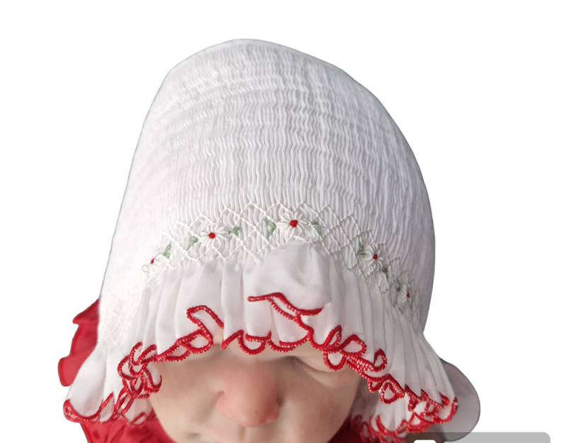 Sarah Louise White & Red Hand Smocked Bonnet - 003602P