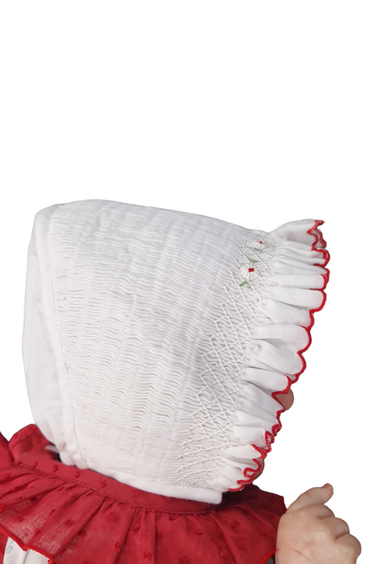 Sarah Louise White & Red Hand Smocked Bonnet - 003602P