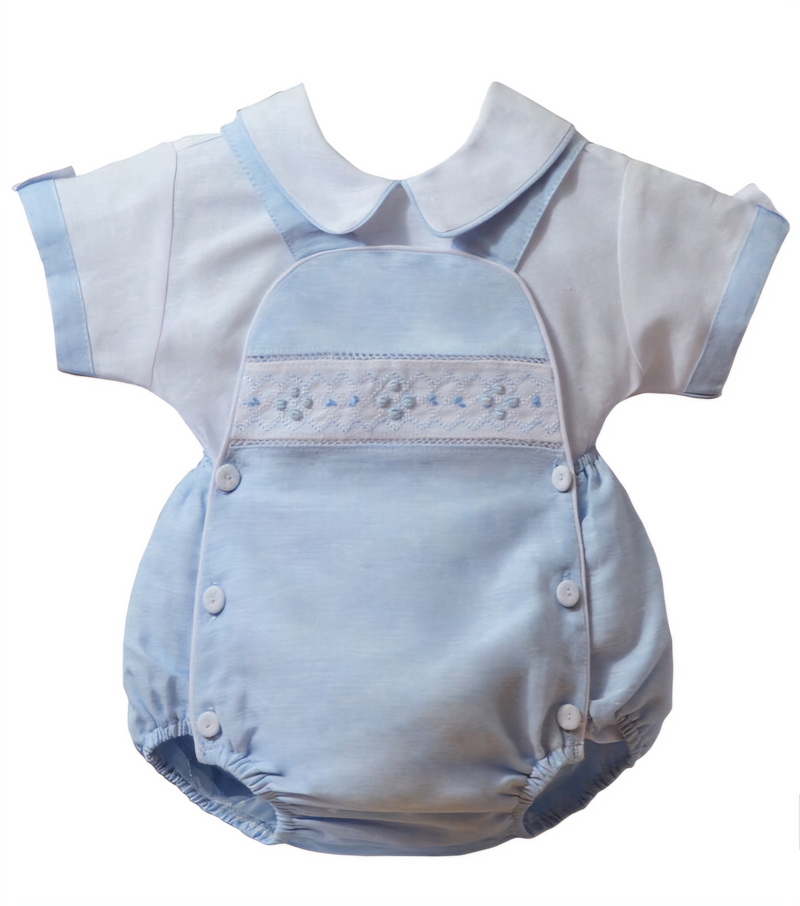 Pretty Originals Boys White & Blue Embroidered Shirt & Romper Set - DL61807