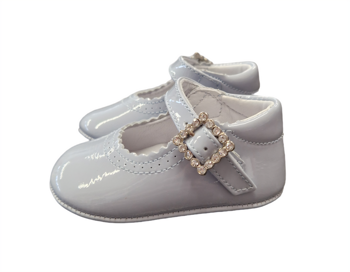 Pretty Originals Girls Pale Blue Leather Mary Jane Pram Shoes With Sparkly Buckle - UE02191