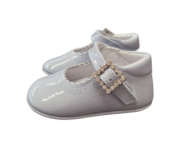 Pretty Originals Girls Pale Blue Leather Mary Jane Pram Shoes With Sparkly Buckle - UE02191