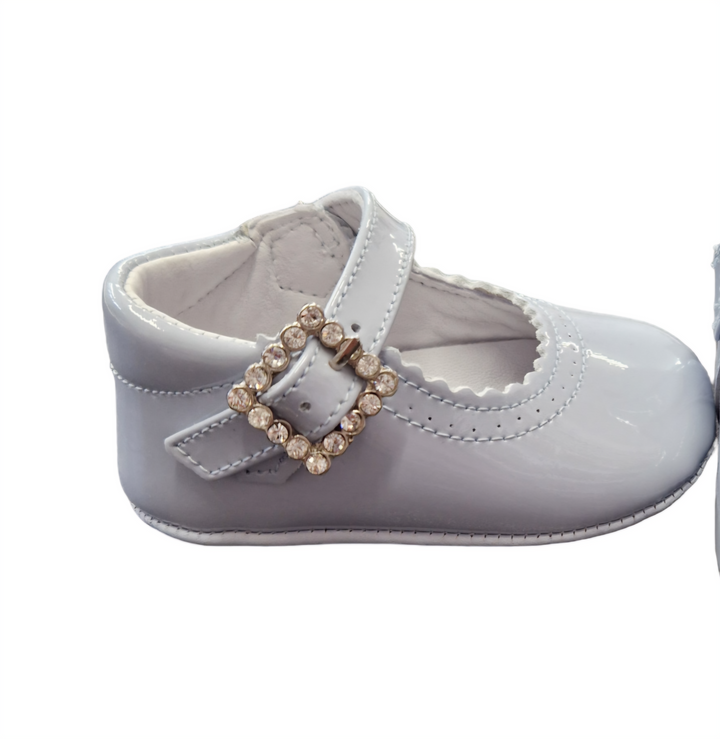 Pretty Originals Girls Pale Blue Leather Mary Jane Pram Shoes With Sparkly Buckle - UE02191