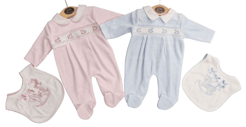 Pink Velour Smocked Babygrow With Embroidered Rocking Horses