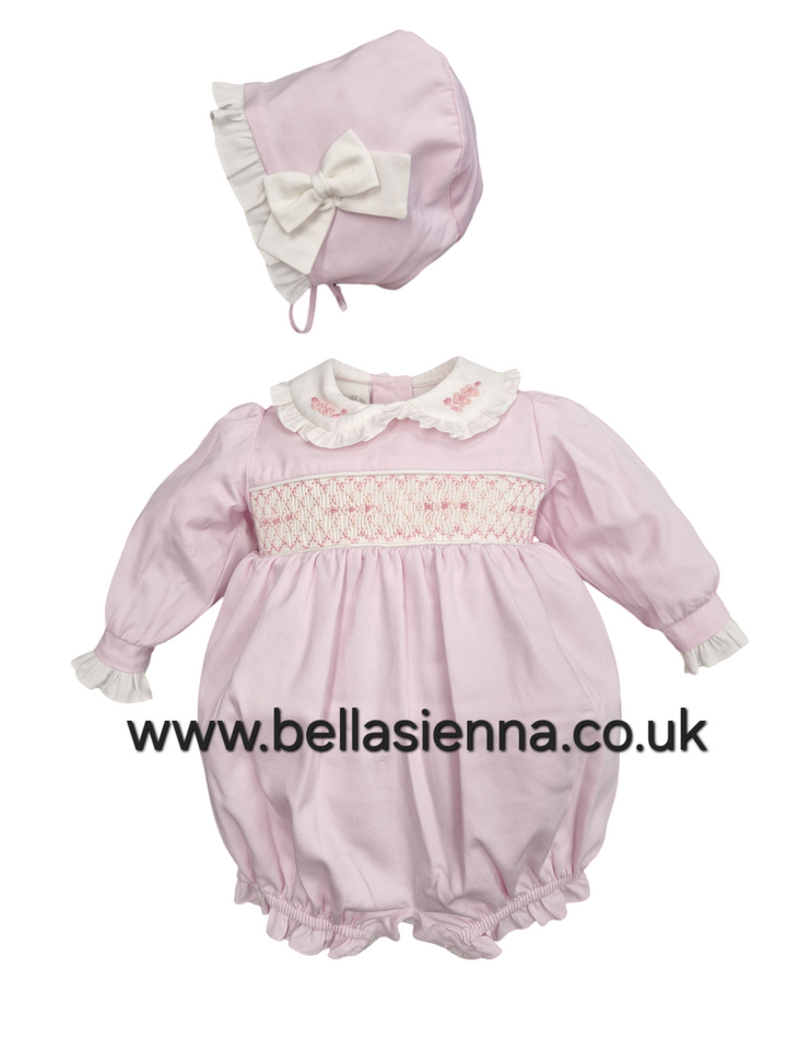 Pretty Originals Pink Hand Smocked Romper & Matching Bonnet - BD02267