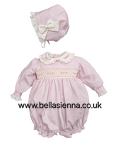 Pretty Originals Pink Hand Smocked Romper & Matching Bonnet - BD02267