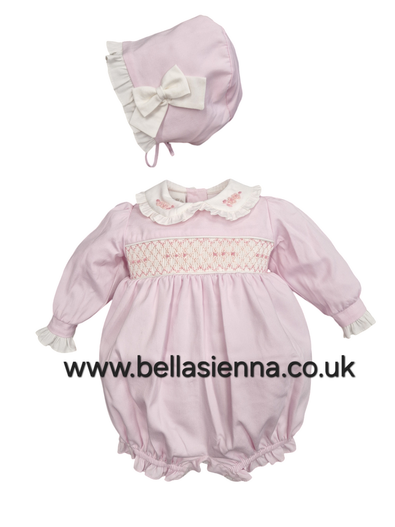 Pretty Originals Pink Hand Smocked Romper & Matching Bonnet - BD02267