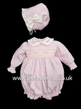 Pretty Originals Pink Hand Smocked Romper & Matching Bonnet - BD02267