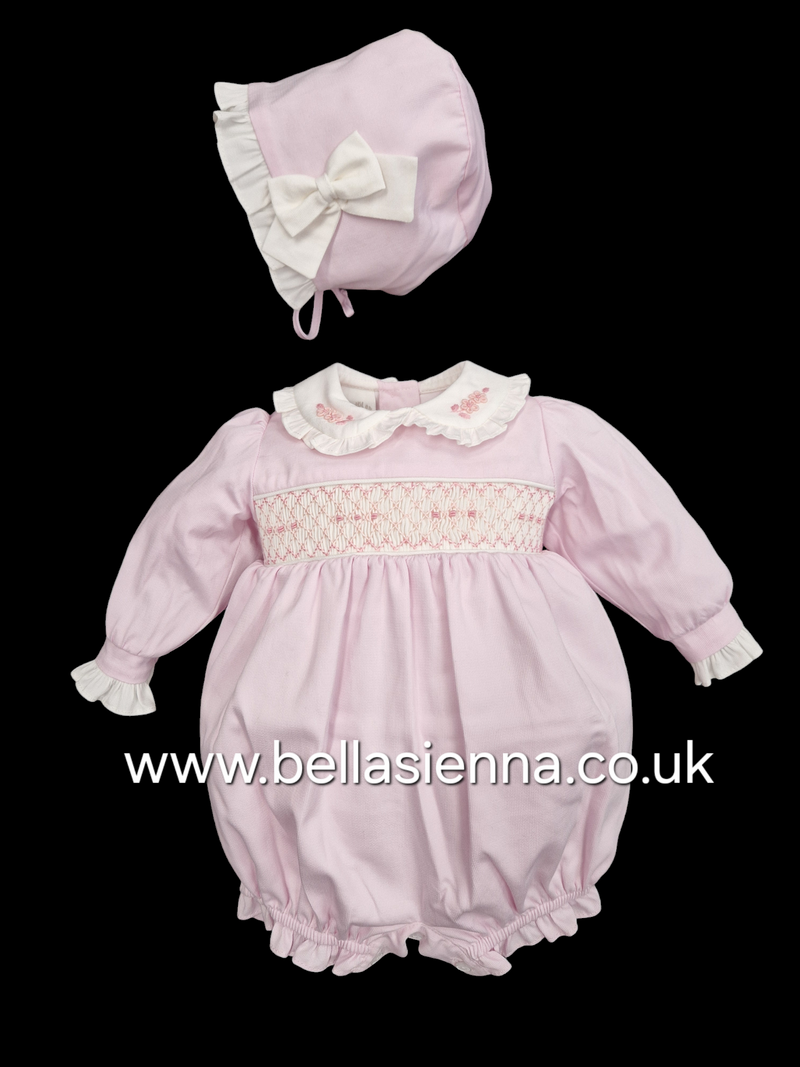 Pretty Originals Pink Hand Smocked Romper & Matching Bonnet - BD02267