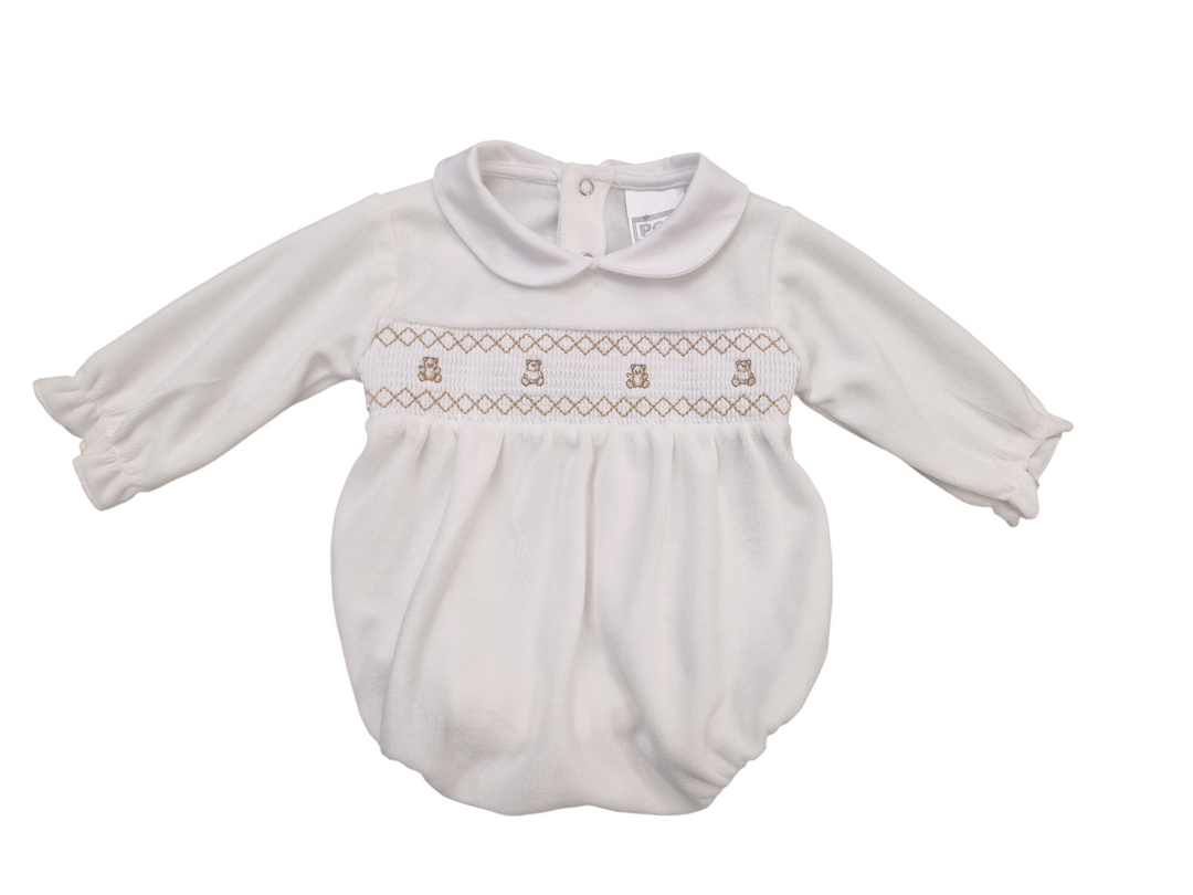 Pex Velour Smocked Teddy Bear Romper - Ivory -B027400900