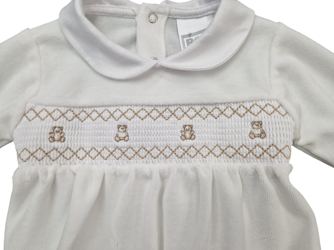 Pex Velour Smocked Teddy Bear Romper - Ivory -B027400900