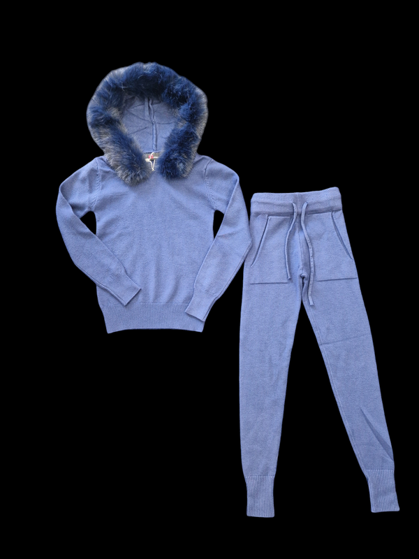 Navy Blue Faux Fur Hood Co-ord Lounge Set - 3002