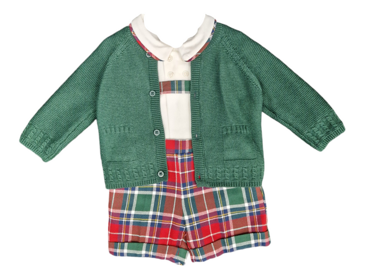 Mayoral Boys Three Piece Tartan Set With Green Cardigan - 2239