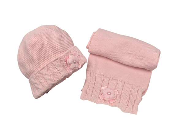 Barbaras Luxury Pearl Flower Detail Hat And Scarf Set Pink