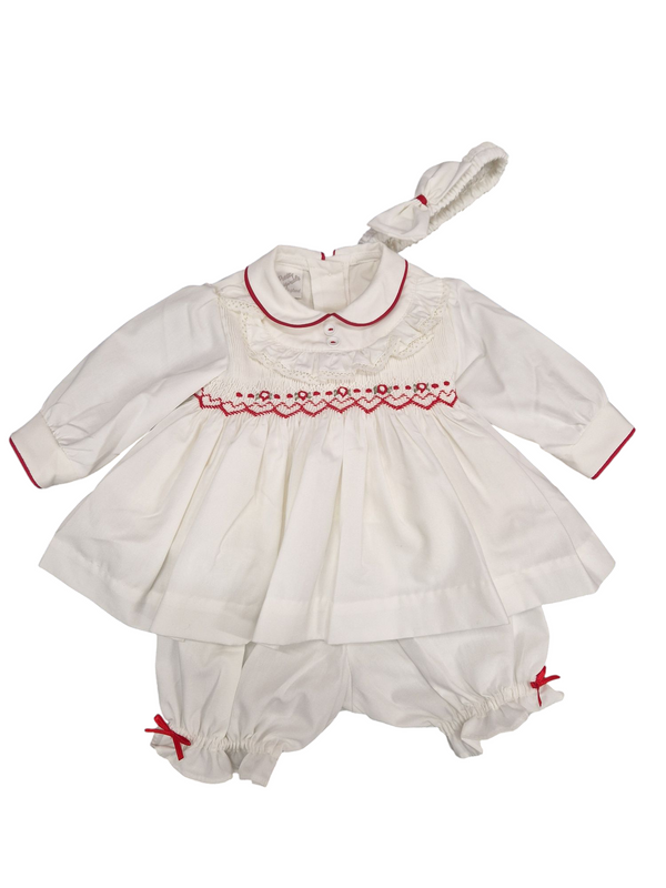 Pretty Originals Girls Ivory & Red Hand Smocked Dress, Bloomers & Headband Set - MT02472