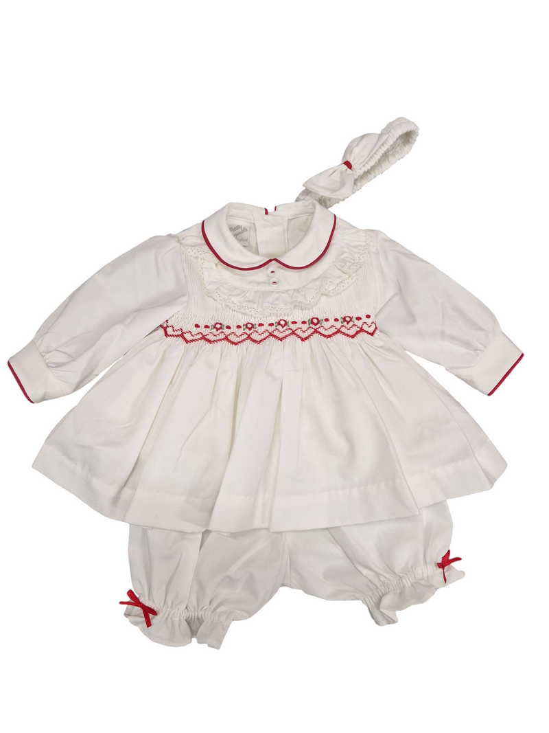 Pretty Originals Girls Ivory & Red Hand Smocked Dress, Bloomers & Headband Set - MT02472