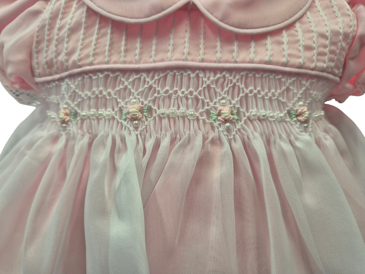 Will'Beth Precious Pink & White Smocked Dress With Bonnet - 06060