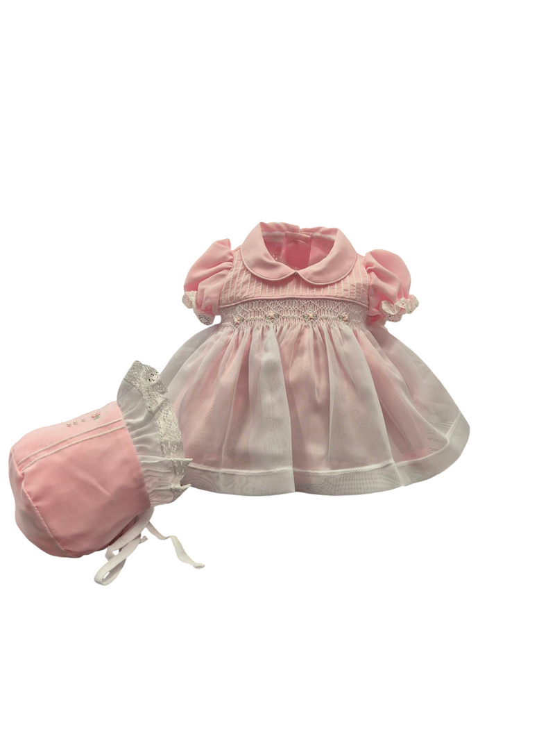 Will'Beth Precious Pink & White Smocked Dress With Bonnet - 06060